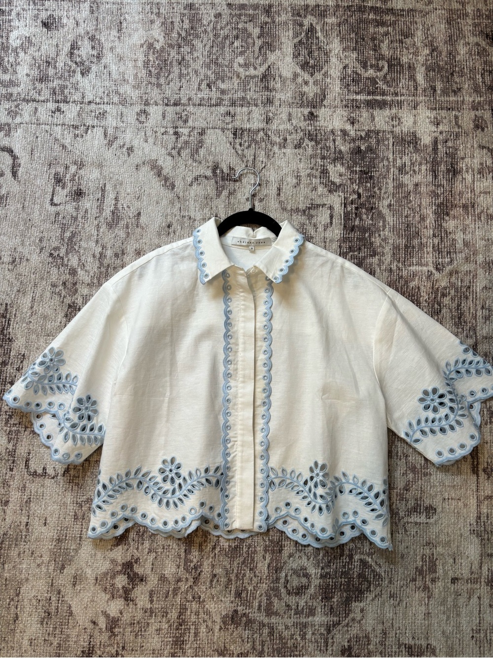 Endless Rose White Button-Down Linen Top with Pale Blue Embroidery
